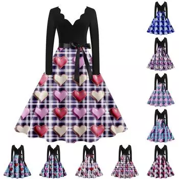 Женское повседневное модное платье с V-образным вырезом и длинным рукавом с милым принтом в винтажном стиле L синий