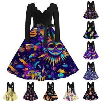 Женское повседневное модное платье с V-образным вырезом и длинным рукавом с карнавальным принтом в винтажном стиле XXL