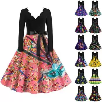 Женское повседневное модное платье с V-образным вырезом и длинным рукавом с принтом в винтажном стиле XL фиолетовый