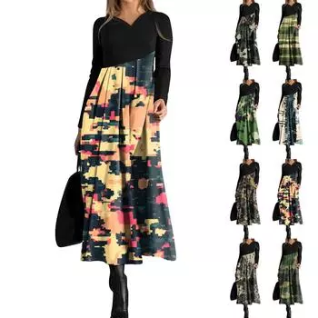 Женское повседневное модное платье с V-образным вырезом и длинными рукавами, камуфляжный принт, карман на талии, большое свободное платье L армия зеленый