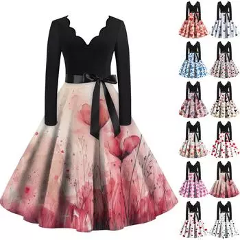 Женское повседневное модное платье с V-образным вырезом и длинными рукавами в стиле ретро с принтом «любовь» XXXL