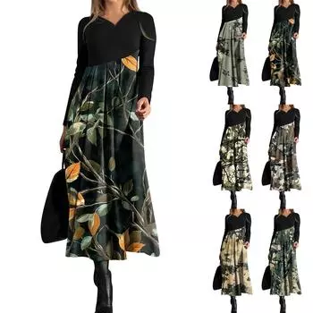 Женское повседневное модное платье с V-образным вырезом и длинными рукавами, принтом листьев, карманом на талии, большим свободным платьем L хаки