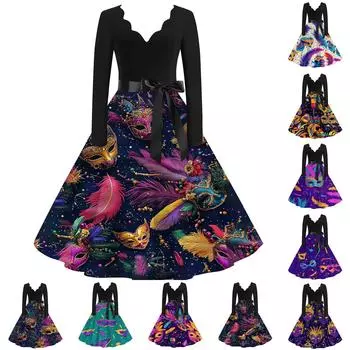 Женское повседневное модное платье с V-образным вырезом и длинным рукавом с карнавальным принтом в винтажном стиле S циан