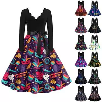 Женское повседневное модное платье с V-образным вырезом и длинным рукавом с принтом в винтажном стиле L чёрный