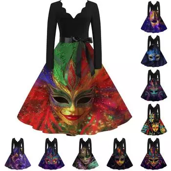 Женское повседневное модное платье с V-образным вырезом и длинным рукавом с карнавальным принтом в винтажном стиле XXXXXL циан