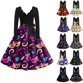 Женское повседневное модное платье с V-образным вырезом и длинным рукавом с принтом в винтажном стиле L синий