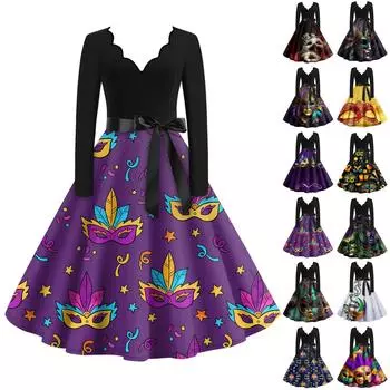 Женское повседневное модное платье с V-образным вырезом и длинным рукавом с принтом в винтажном стиле XXL