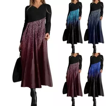 Женское повседневное модное платье с V-образным вырезом и длинными рукавами, цветным градиентным принтом, карманом на талии, большим свободным платьем L циан