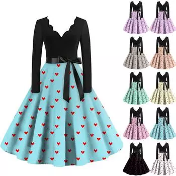 Женское повседневное модное платье с V-образным вырезом и длинными рукавами в стиле ретро с принтом «любовь» XXXXL красный