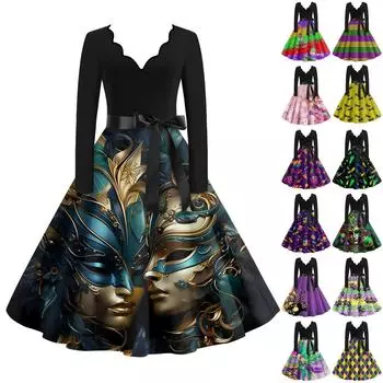 Женское повседневное модное платье с V-образным вырезом и длинным рукавом с принтом в винтажном стиле S синий