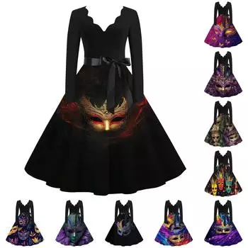 Женское повседневное модное платье с V-образным вырезом и длинным рукавом с карнавальным принтом в винтажном стиле L