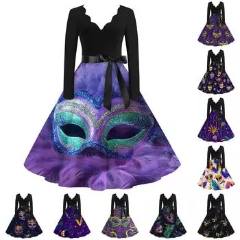 Женское повседневное модное платье с V-образным вырезом и длинным рукавом с карнавальным принтом в винтажном стиле M