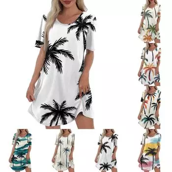 Женское повседневное модное платье с V-образным вырезом и коротким рукавом с гавайским принтом и карманом L бежевый