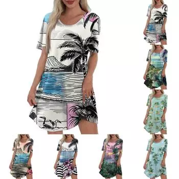 Женское повседневное модное платье с V-образным вырезом и коротким рукавом с гавайским принтом и карманом L армия зеленый