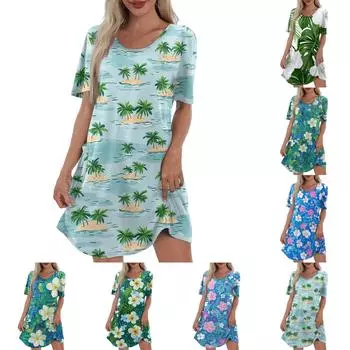 Женское повседневное модное платье с V-образным вырезом и коротким рукавом с гавайским принтом и карманом L армия зеленый