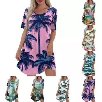Женское повседневное модное платье с V-образным вырезом и коротким рукавом с гавайским принтом и карманом L армия зеленый