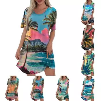 Женское повседневное модное платье с V-образным вырезом и коротким рукавом с гавайским принтом и карманом L синий