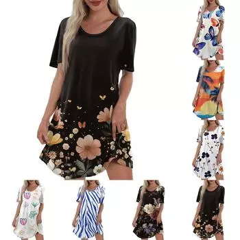 Женское повседневное модное платье с V-образным вырезом и коротким рукавом с гавайским принтом и карманом XXL