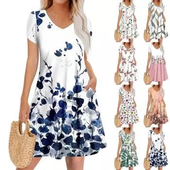 Женское повседневное модное платье с V-образным вырезом и коротким рукавом, стильное свадебное платье для гостей M синий