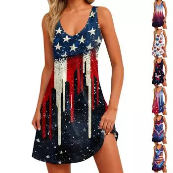 Женское повседневное модное платье с V-образным вырезом, без рукавов, с принтом, боковыми карманами, короткой юбкой S