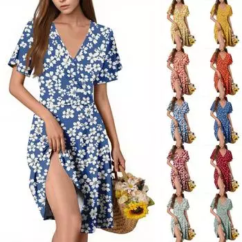 Женское повседневное модное платье с V-образным вырезом и принтом без рукавов L синий