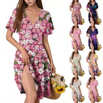 Женское повседневное модное платье с V-образным вырезом и принтом без рукавов L темно-фиолетового