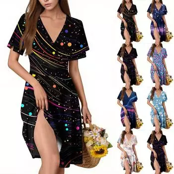 Женское повседневное модное платье с V-образным вырезом и принтом без рукавов L