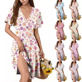 Женское повседневное модное платье с V-образным вырезом и принтом без рукавов L чёрный