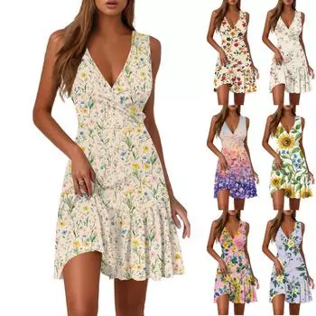 Женское повседневное модное платье с V-образным вырезом и принтом без рукавов L бежевый