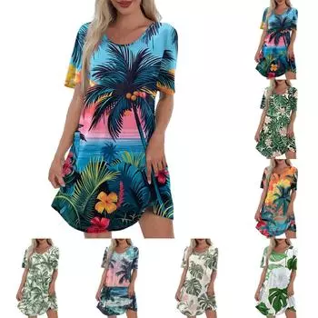 Женское повседневное модное платье с V-образным вырезом и коротким рукавом с гавайским принтом и карманом L армия зеленый