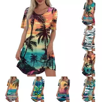 Женское повседневное модное платье с V-образным вырезом и коротким рукавом с гавайским принтом и карманом L синий