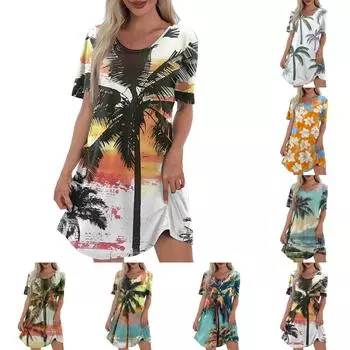 Женское повседневное модное платье с V-образным вырезом и коротким рукавом с гавайским принтом и карманом L