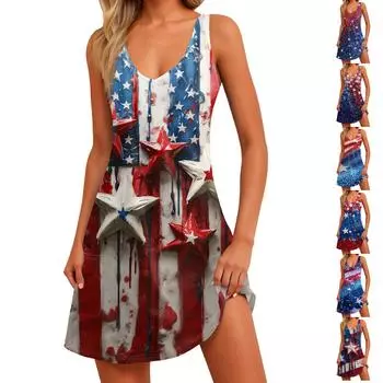 Женское повседневное модное платье с V-образным вырезом, без рукавов, с принтом, боковыми карманами, короткой юбкой XL