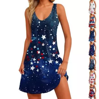 Женское повседневное модное платье с V-образным вырезом, без рукавов, с принтом, боковыми карманами, короткой юбкой XXL