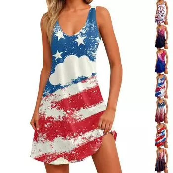 Женское повседневное модное платье с V-образным вырезом, без рукавов, с принтом, боковыми карманами, короткой юбкой M киноварь