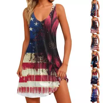 Женское повседневное модное платье с V-образным вырезом, без рукавов, с принтом, боковыми карманами, короткой юбкой L винный