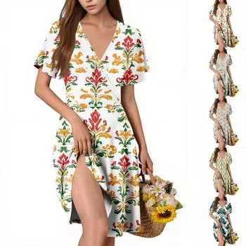 Женское повседневное модное платье с V-образным вырезом и коротким рукавом с принтом L