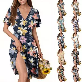 Женское повседневное модное платье с V-образным вырезом и принтом без рукавов L темно-синий