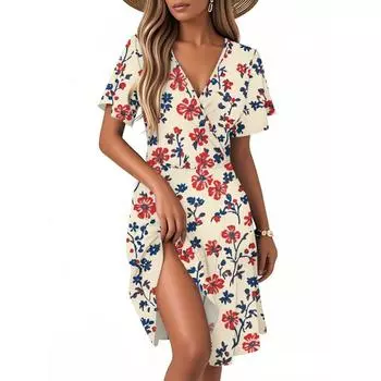 Женское повседневное модное платье с винтажным цветочным принтом и коротким рукавом и V-образным вырезом M розовый