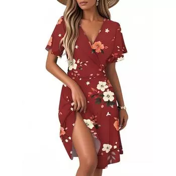 Женское повседневное модное платье с винтажным цветочным принтом и коротким рукавом и V-образным вырезом M винный