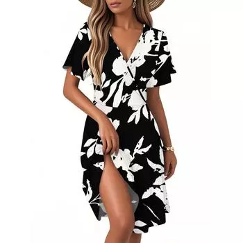 Женское повседневное модное платье с винтажным цветочным принтом и коротким рукавом и V-образным вырезом S чёрный