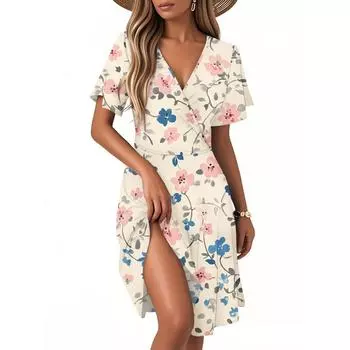 Женское повседневное модное платье с винтажным цветочным принтом и коротким рукавом и V-образным вырезом L бежевый