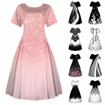 Женское повседневное модное платье с винтажным принтом, круглые платья миди с коротким рукавом и длинными большими распашными платьями L чёрный