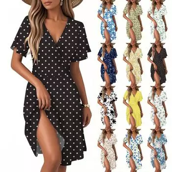 Женское повседневное модное платье с винтажным цветочным принтом и коротким рукавом и V-образным вырезом L бежевый