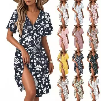 Женское повседневное модное платье с винтажным цветочным принтом и коротким рукавом и V-образным вырезом L бежевый