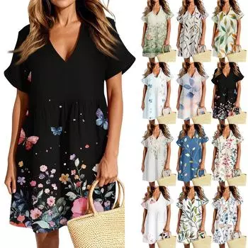 Женское повседневное модное платье с винтажным цветочным принтом и коротким рукавом и V-образным вырезом L бежевый