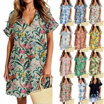 Женское повседневное модное платье с винтажным цветочным принтом и коротким рукавом и V-образным вырезом L армия зеленый