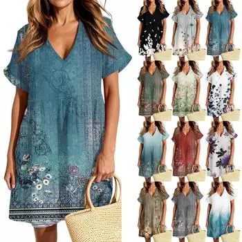 Женское повседневное модное платье с винтажным цветочным принтом и коротким рукавом и V-образным вырезом L чёрный