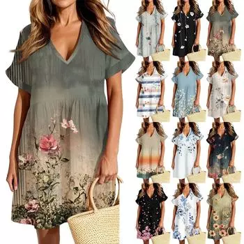 Женское повседневное модное платье с винтажным цветочным принтом и коротким рукавом и V-образным вырезом S чёрный