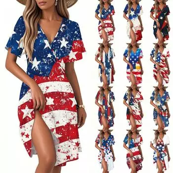 Женское повседневное модное платье с винтажным цветочным принтом и коротким рукавом и V-образным вырезом XXL